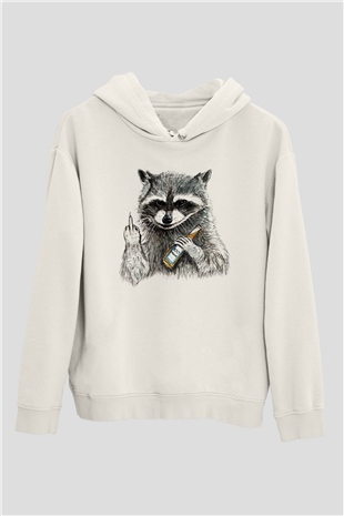 Rakun Beyaz Unisex Kapşonlu Sweatshirt