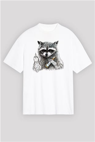 Rakun Beyaz Unisex Oversize Tişört T-Shirt