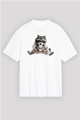 Rakun Beyaz Oversize Tişört Oversize T-shirt - TişörtFabrikası