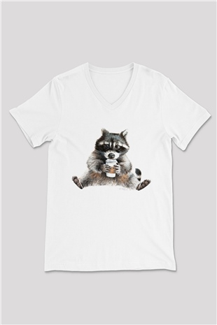 Rakun Beyaz Unisex V Yaka Tişört