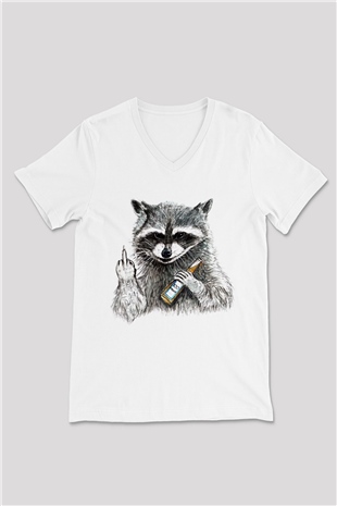 Rakun Beyaz Unisex V Yaka Tişört T-Shirt