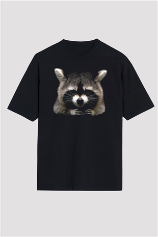 Rakun Siyah Unisex Oversize Tişört T-Shirt