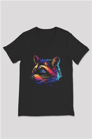 Rakun Siyah Unisex V Yaka Tişört