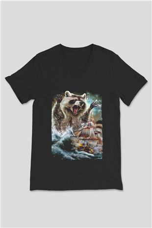 Rakun Siyah Unisex V Yaka Tişört