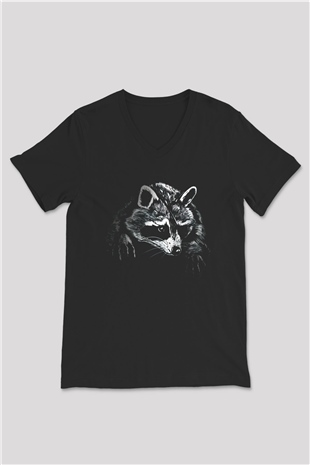 Rakun Siyah Unisex V Yaka Tişört
