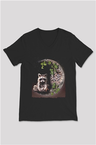 Rakun Siyah Unisex V Yaka Tişört