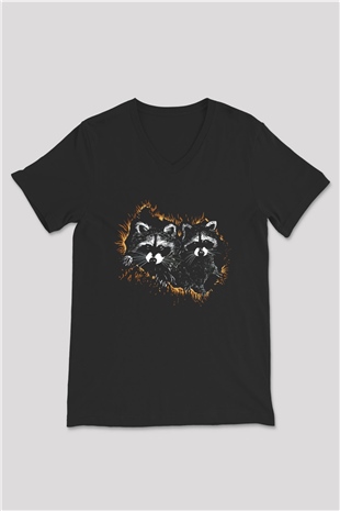 Rakun Siyah Unisex V Yaka Tişört