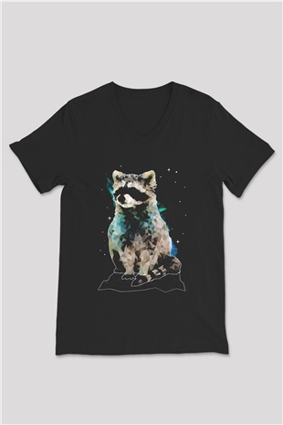 Rakun Siyah Unisex V Yaka Tişört