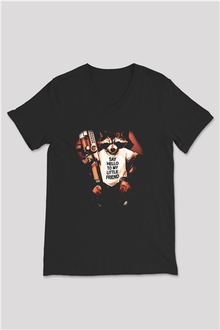 Rakun Siyah Unisex V Yaka Tişört T-Shirt