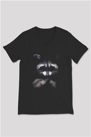 Rakun Siyah Unisex V Yaka Tişört T-Shirt