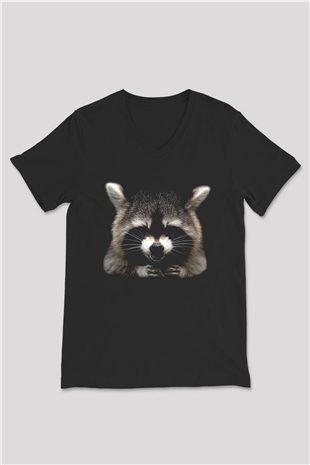 Rakun Siyah Unisex V Yaka Tişört T-Shirt