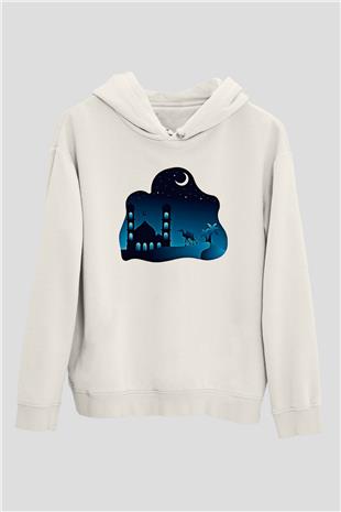 Ramazan Bayramı Baskılı Beyaz Unisex Kapüşonlu Sweatshirt