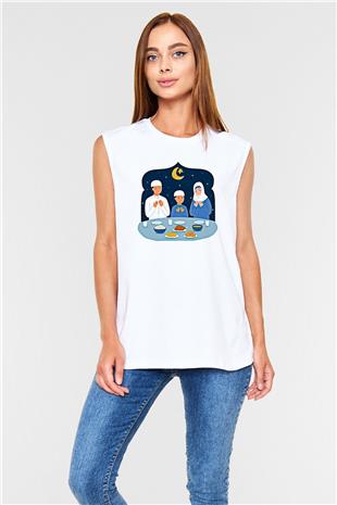 Ramazan Bayramı Baskılı Beyaz Unisex Kolsuz Tişört - Tshirt