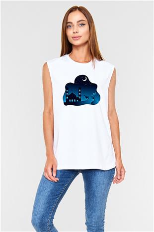 Ramazan Bayramı Baskılı Beyaz Unisex Kolsuz Tişört - Tshirt
