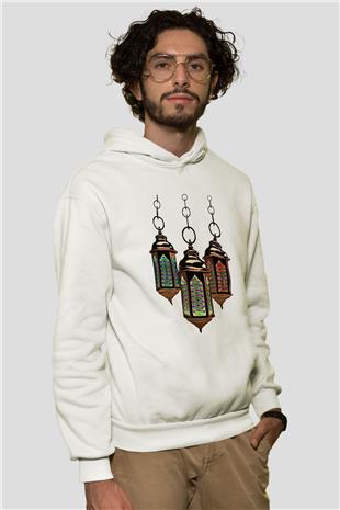 Ramazan Bayramı Baskılı Beyaz Unisex Kapüşonlu Sweatshirt