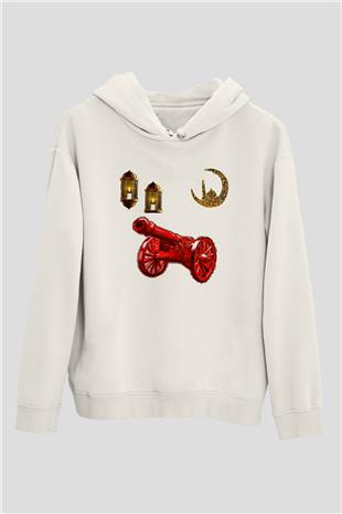 Ramazan Bayramı Baskılı Beyaz Unisex Kapüşonlu Sweatshirt
