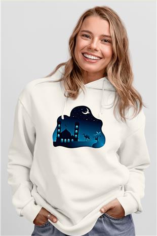 Ramazan Bayramı Baskılı Beyaz Unisex Kapüşonlu Sweatshirt
