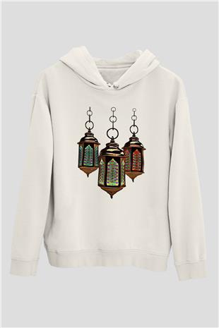 Ramazan Bayramı Baskılı Beyaz Unisex Kapüşonlu Sweatshirt