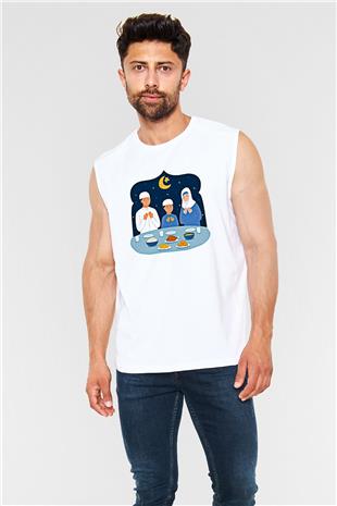 Ramazan Bayramı Baskılı Beyaz Unisex Kolsuz Tişört - Tshirt