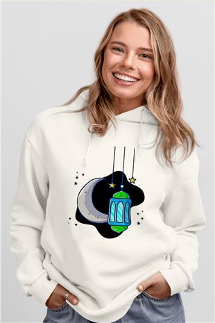 Ramazan Bayramı Baskılı Beyaz Unisex Kapüşonlu Sweatshirt