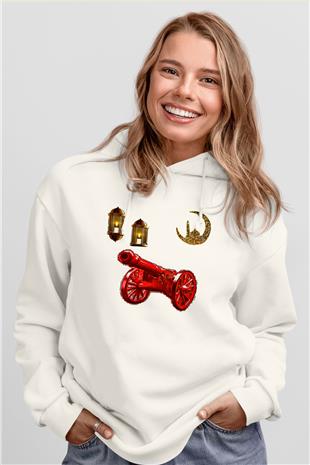 Ramazan Bayramı Baskılı Beyaz Unisex Kapüşonlu Sweatshirt