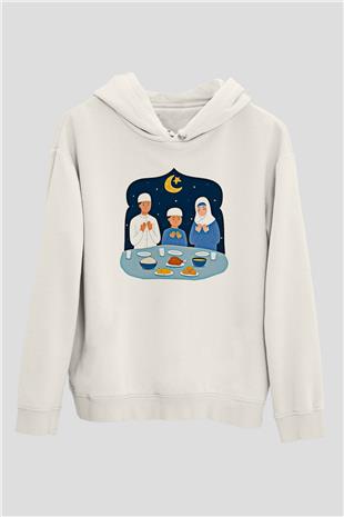 Ramazan Bayramı Baskılı Beyaz Unisex Kapüşonlu Sweatshirt