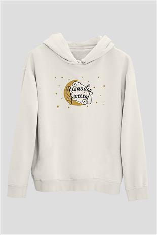 Ramazan Bayramı Baskılı Beyaz Unisex Kapüşonlu Sweatshirt