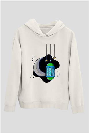Ramazan Bayramı Baskılı Beyaz Unisex Kapüşonlu Sweatshirt