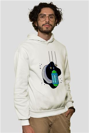 Ramazan Bayramı Baskılı Beyaz Unisex Kapüşonlu Sweatshirt
