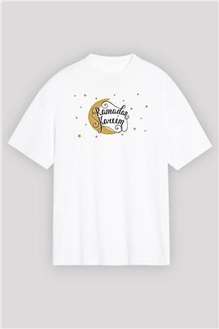 Ramazan Bayramı Baskılı Beyaz Unisex Oversize Tişört - Tshirt