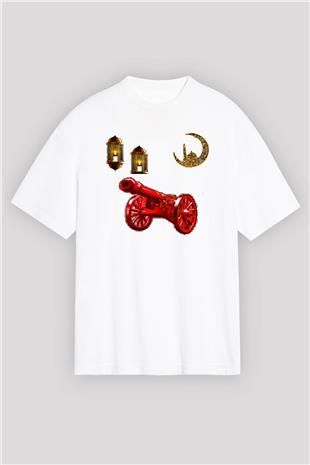 Ramazan Bayramı Baskılı Beyaz Unisex Oversize Tişört - Tshirt