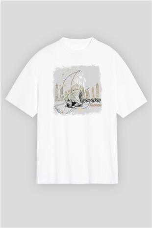 Ramazan Bayramı Baskılı Beyaz Unisex Oversize Tişört - Tshirt