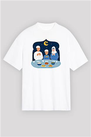 Ramazan Bayramı Baskılı Beyaz Unisex Oversize Tişört - Tshirt