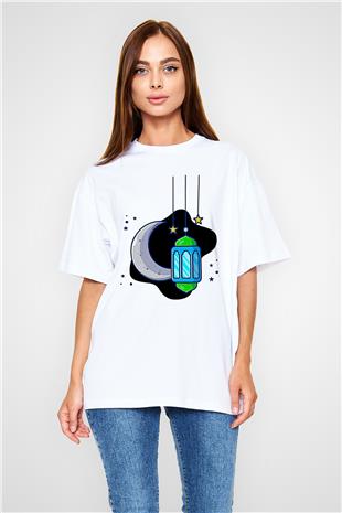 Ramazan Bayramı Baskılı Beyaz Unisex Oversize Tişört - Tshirt