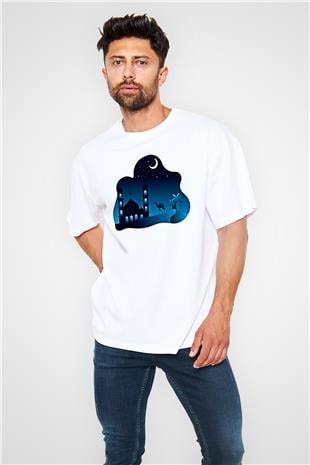 Ramazan Bayramı Baskılı Beyaz Unisex Oversize Tişört - Tshirt