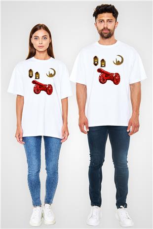 Ramazan Bayramı Baskılı Beyaz Unisex Oversize Tişört - Tshirt