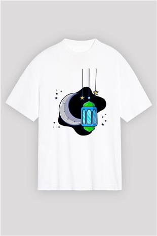 Ramazan Bayramı Baskılı Beyaz Unisex Oversize Tişört - Tshirt