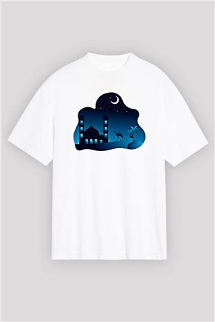 Ramazan Bayramı Baskılı Beyaz Unisex Oversize Tişört - Tshirt