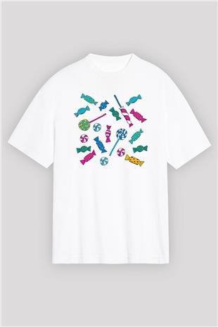 Ramazan Bayramı Baskılı Beyaz Unisex Oversize Tişört - Tshirt