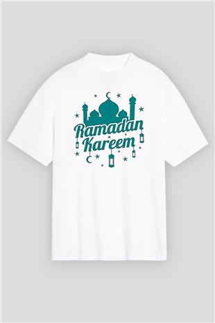 Ramazan Bayramı Baskılı Beyaz Unisex Oversize Tişört - Tshirt