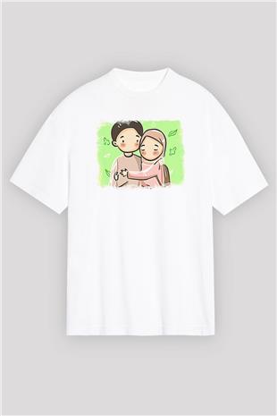 Ramazan Bayramı Baskılı Beyaz Unisex Oversize Tişört - Tshirt