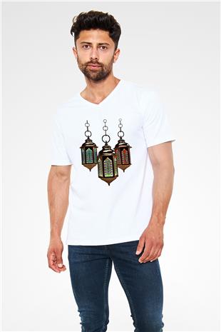 Ramazan Bayramı Baskılı Beyaz Unisex V Yaka Tişört - Tshirt