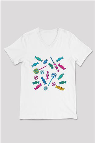 Ramazan Bayramı Baskılı Beyaz Unisex V Yaka Tişört - Tshirt