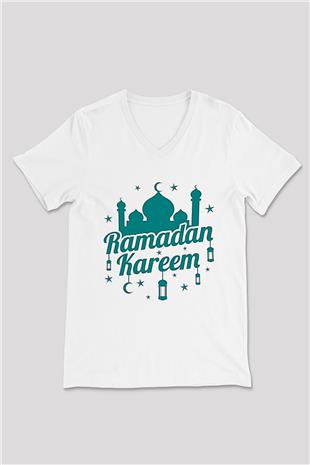 Ramazan Bayramı Baskılı Beyaz Unisex V Yaka Tişört - Tshirt