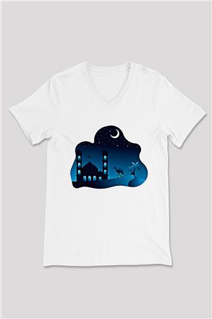 Ramazan Bayramı Baskılı Beyaz Unisex V Yaka Tişört - Tshirt