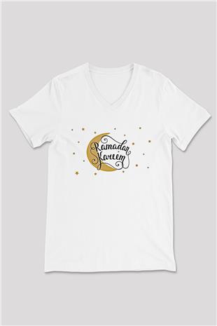 Ramazan Bayramı Baskılı Beyaz Unisex V Yaka Tişört - Tshirt