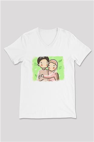 Ramazan Bayramı Baskılı Beyaz Unisex V Yaka Tişört - Tshirt