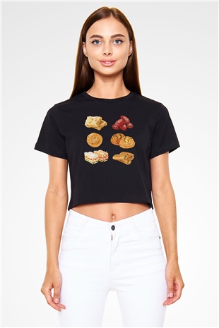 Ramazan Bayramı Baskılı Siyah Crop Top Kadın Tişört - Tshirt