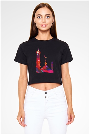 Ramazan Bayramı Baskılı Siyah Crop Top Kadın Tişört - Tshirt
