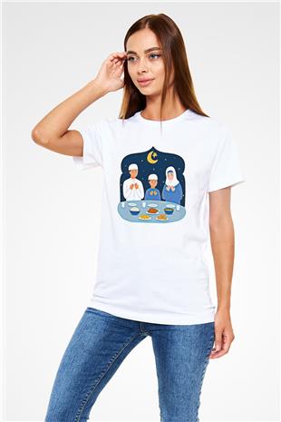 Ramazan Bayramı Baskılı Unisex Beyaz Tişört - Tshirt